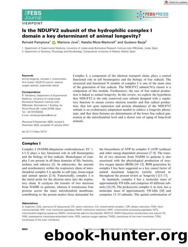 Is the NDUFV2 subunit of the hydrophilic complex I domain a key determinant of animal longevity? by Unknown