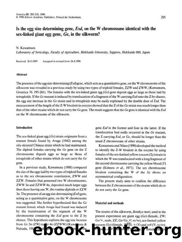 Is the egg size determining gene, <Emphasis Type="Italic">Esd<Emphasis>, on the W chromosome identical with the sex-linked giant egg gene, <Emphasis Type="Italic">Ge<Emphasis>, in the silkworm? by Unknown