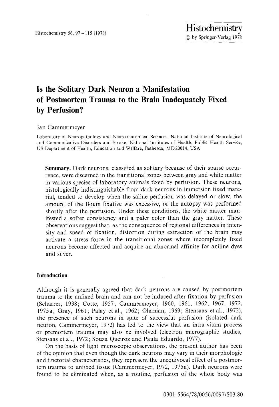 Is the solitary dark neuron a manifestation of postmortem trauma to the brain inadequately fixed by perfusion? by Unknown