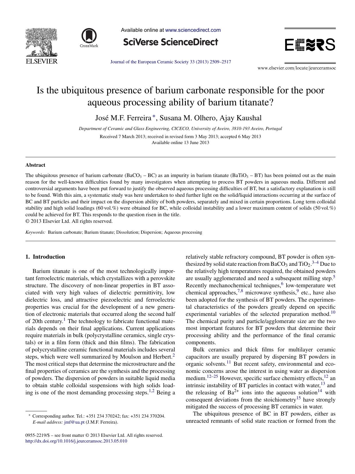 Is the ubiquitous presence of barium carbonate responsible for the poor aqueous processing ability of barium titanate? by José M.F. Ferreira