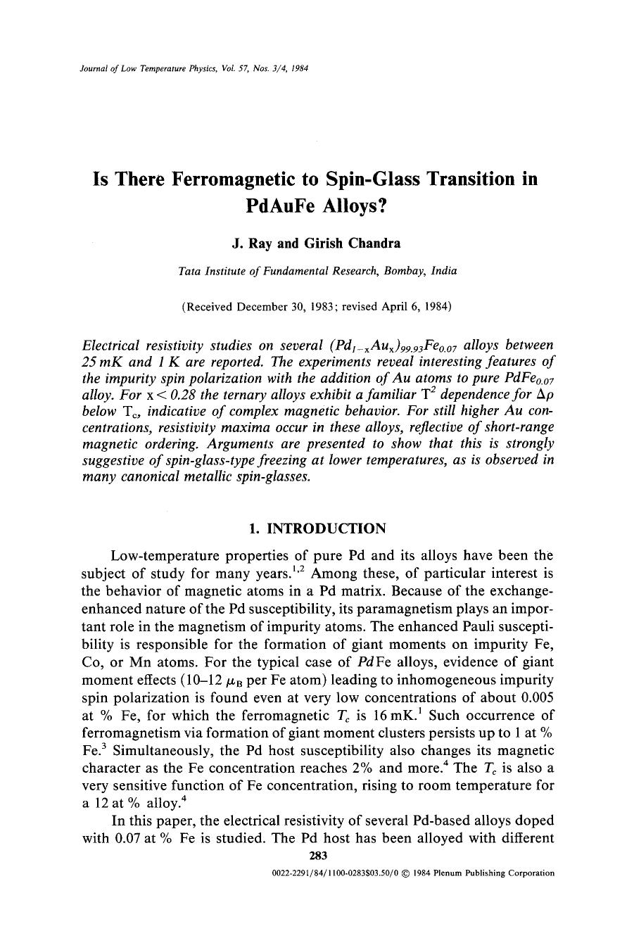 Is there ferromagnetic to spin-glass transition in PdAuFe alloys? by Unknown