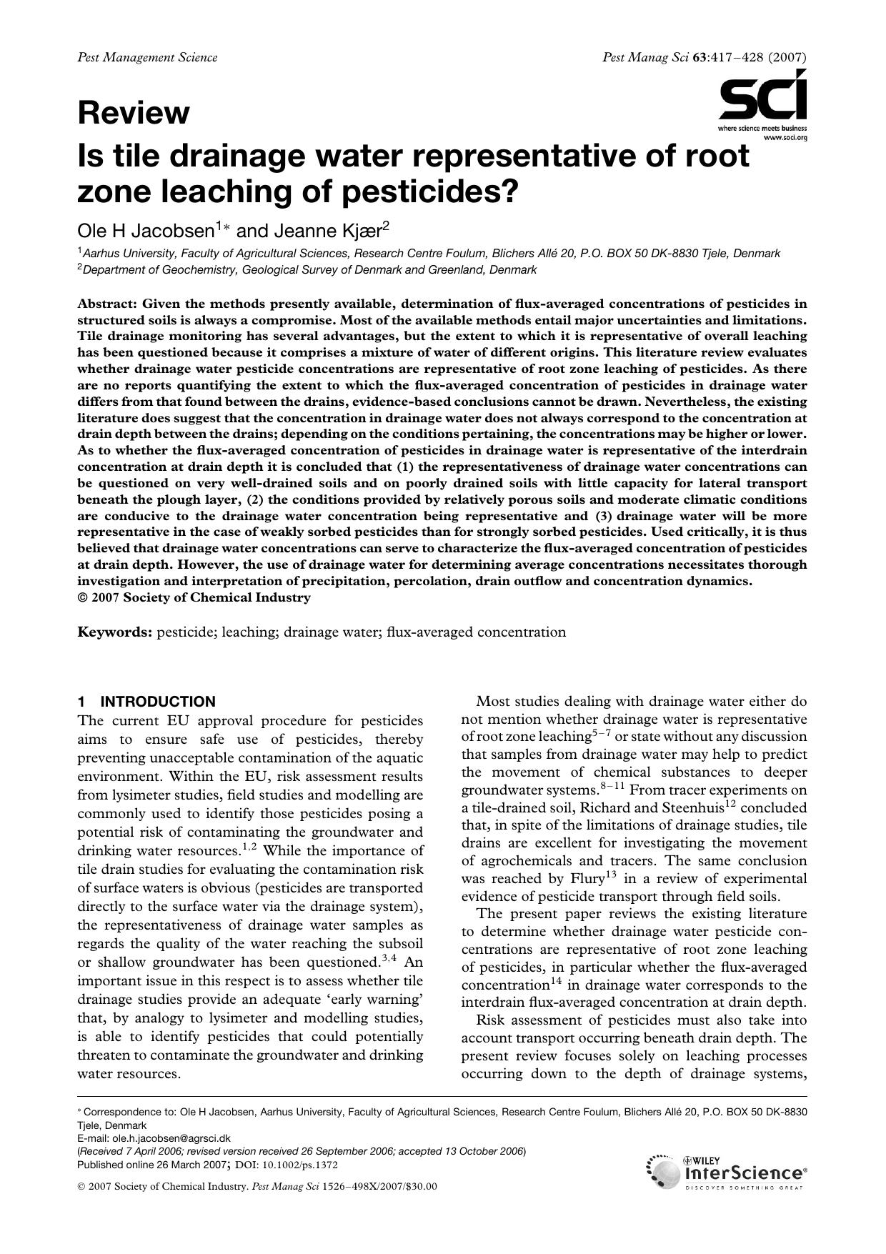 Is tile drainage water representative of root zone leaching of pesticides? by Unknown