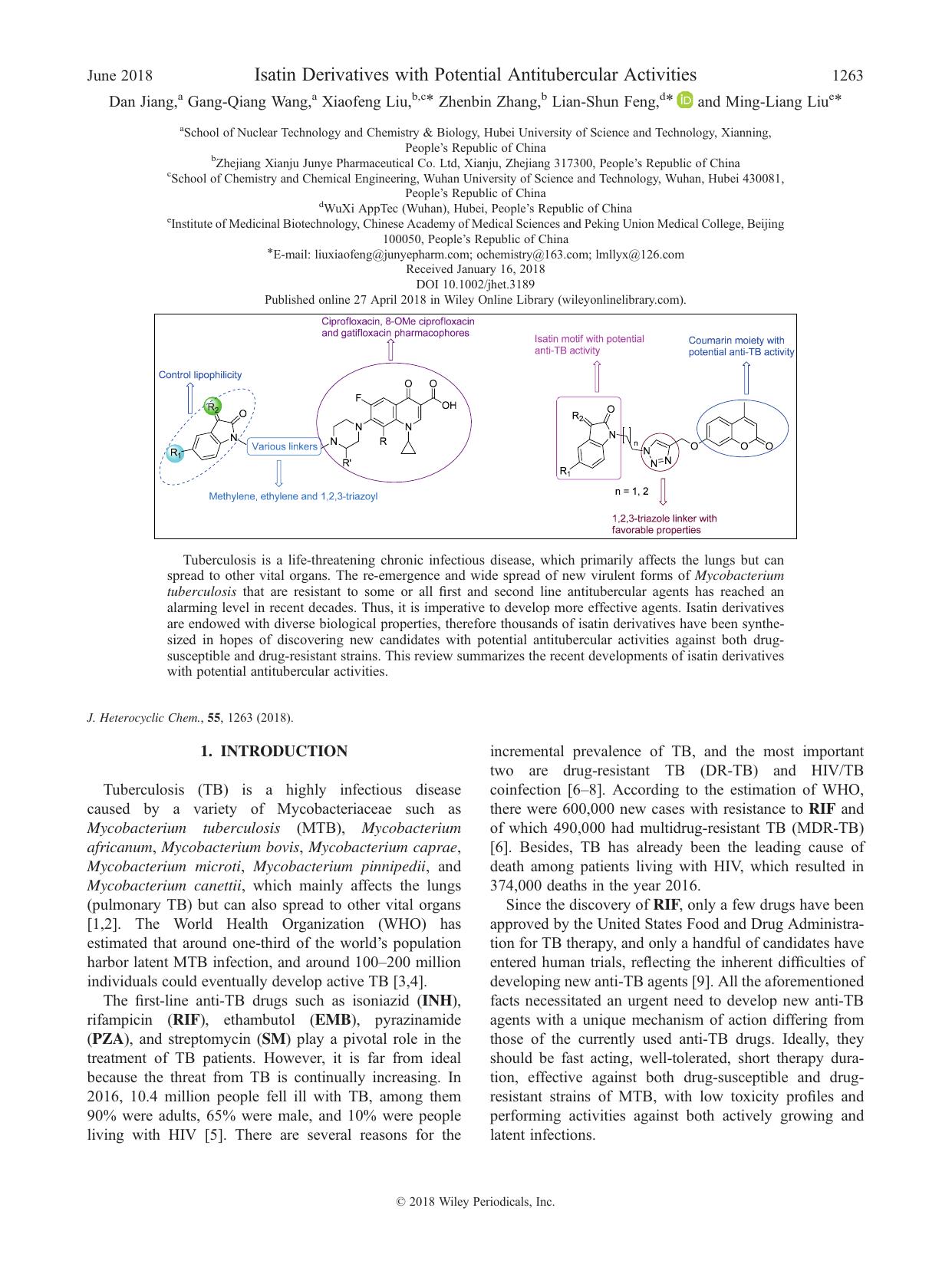 Isatin Derivatives with Potential Antitubercular Activities by Dan Jiang Gang-Qiang Wang Xiaofeng Liu Zhenbin Zhang Lian-Shun Feng Ming-Liang Liu