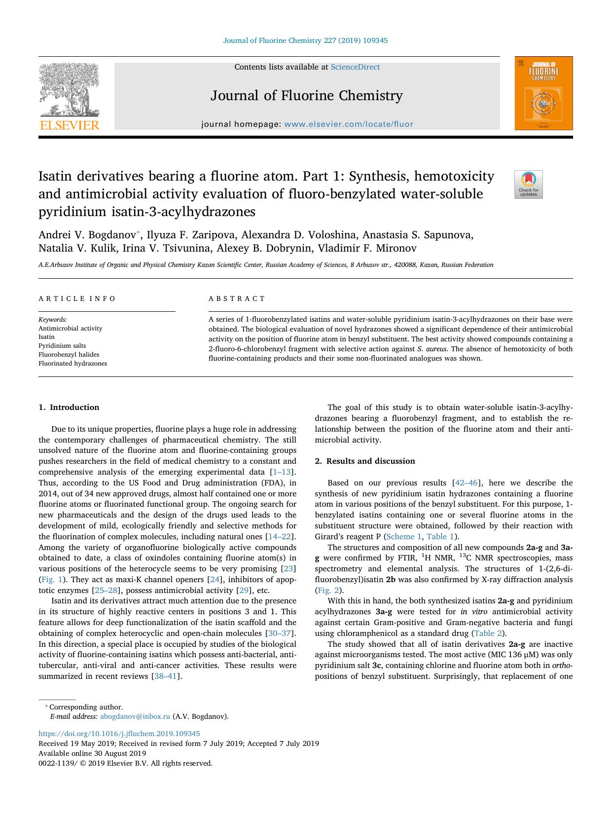 Isatin derivatives bearing a fluorine atom. Part 1_ Synthesis, hemotoxicity and antimicrobial activity evaluation of fluoro-benzylated water-soluble pyridinium isatin-3-acylhydrazones by unknow