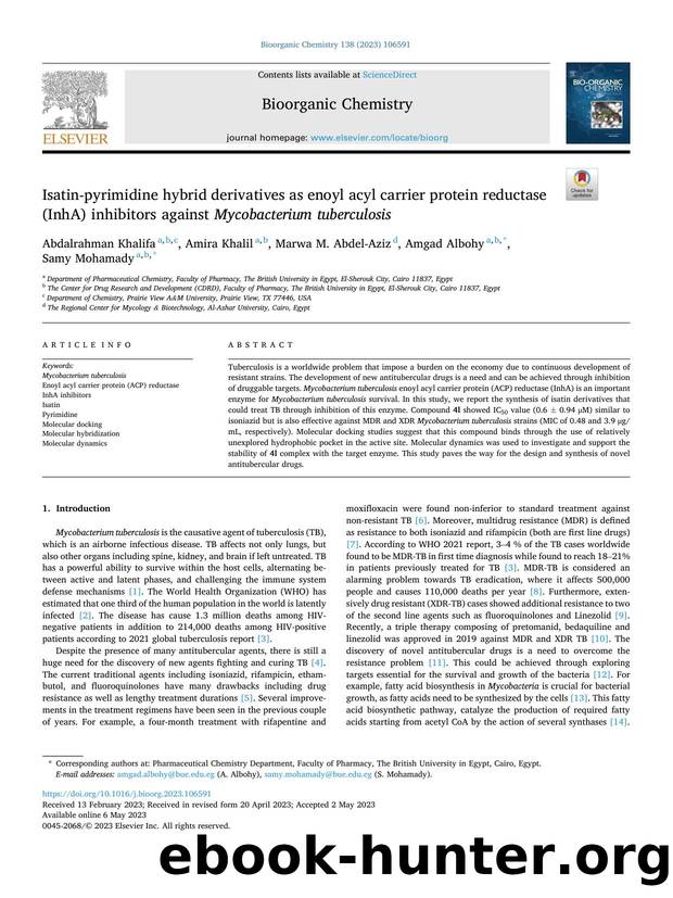 Isatin-pyrimidine hybrid derivatives as enoyl acyl carrier protein reductase (InhA) inhibitors against Mycobacterium tuberculosis by Abdalrahman Khalifa & Amira Khalil & Marwa M. Abdel-Aziz & Amgad Albohy & Samy Mohamady