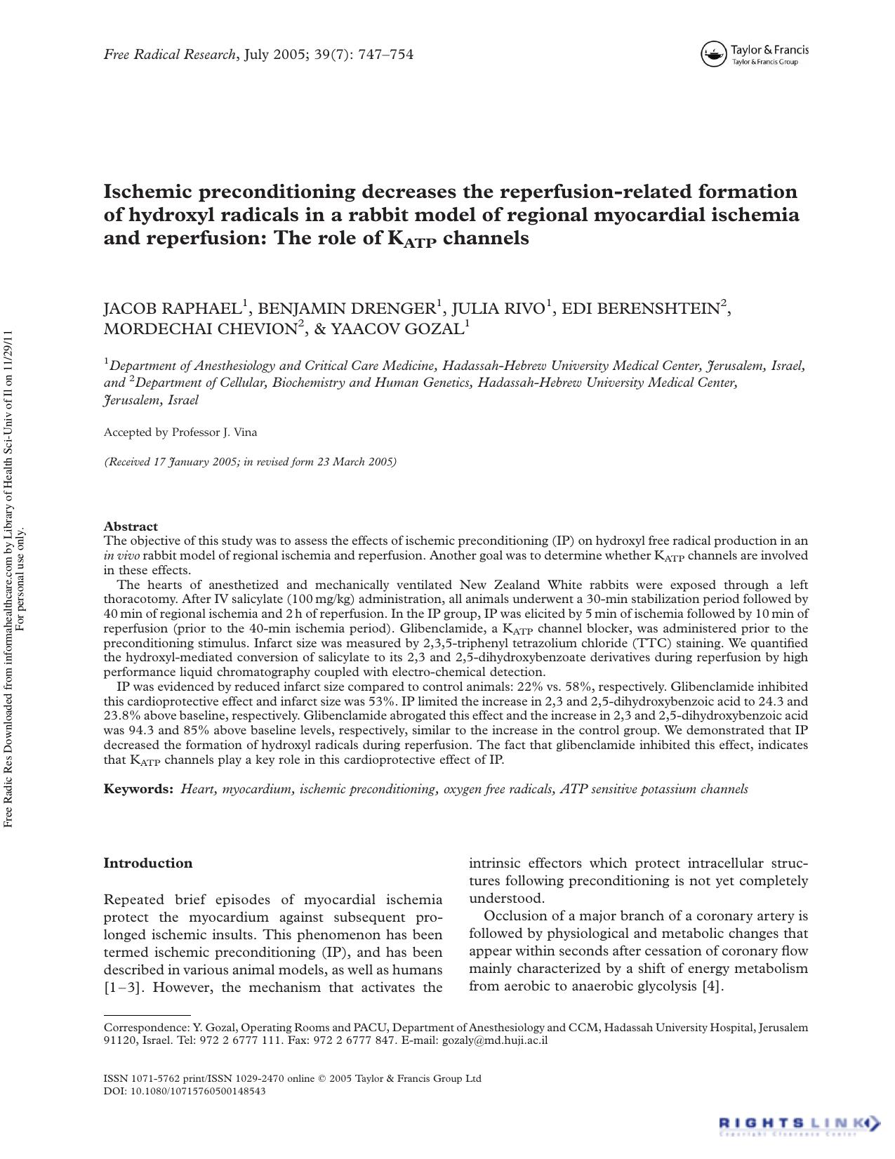 Ischemic preconditioning decreases the reperfusion-related formation of hydroxyl radicals in a rabbit model of regional myocardial ischemia and reperfusion: The role of KATP channels by unknow