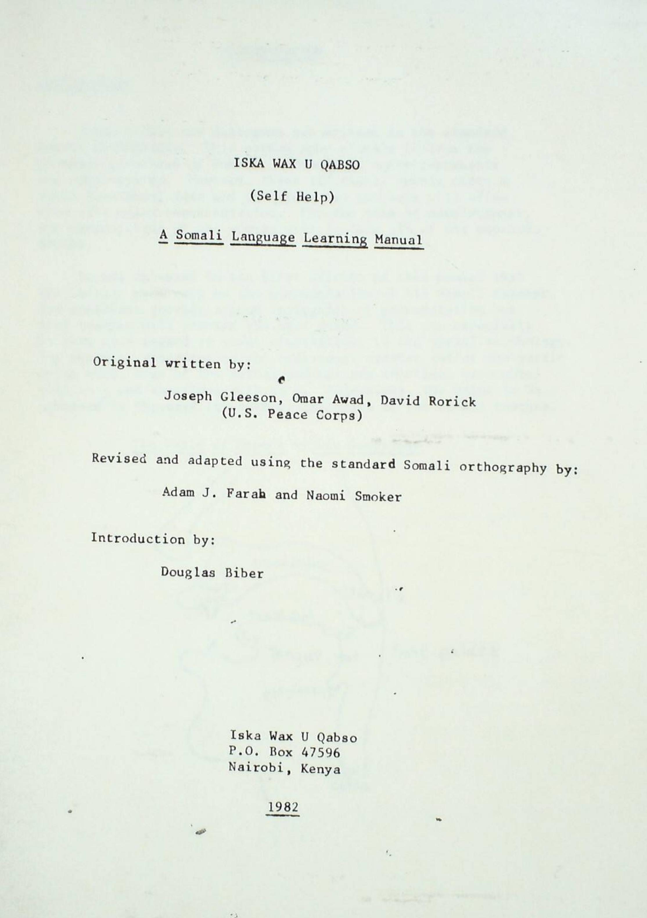 Iska wax u qabso (self help). A Somali Language Learning Manual by Joseph Gleeson Omar Awad David Rorick Adam J. Farah Naomi Smoker