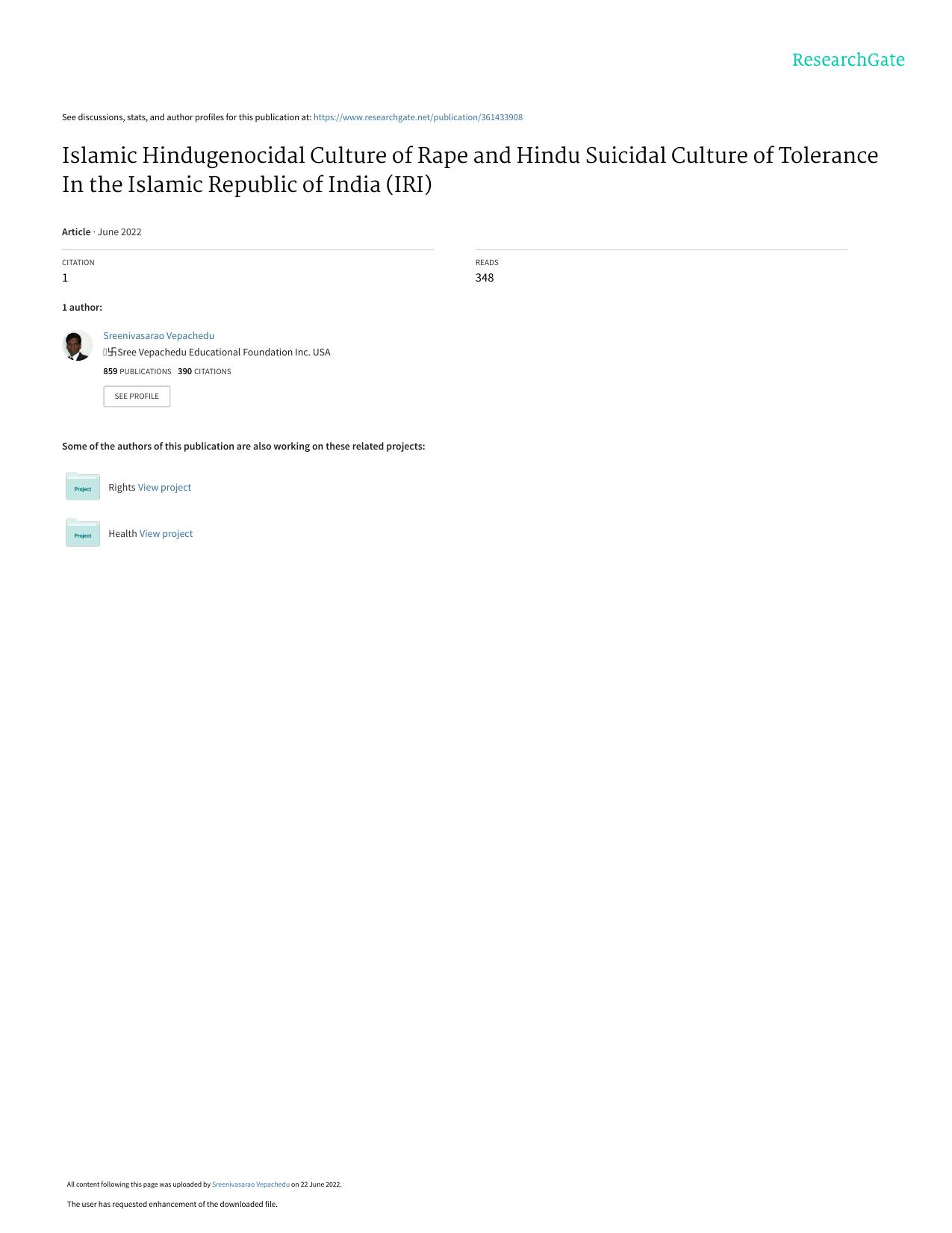 Islamic Hindugenocidal Culture of Rape and Hindu Suicidal Culture of Tolerance in the Islamic Republic of India (IRI) by Sreenivasarao Vepachedu