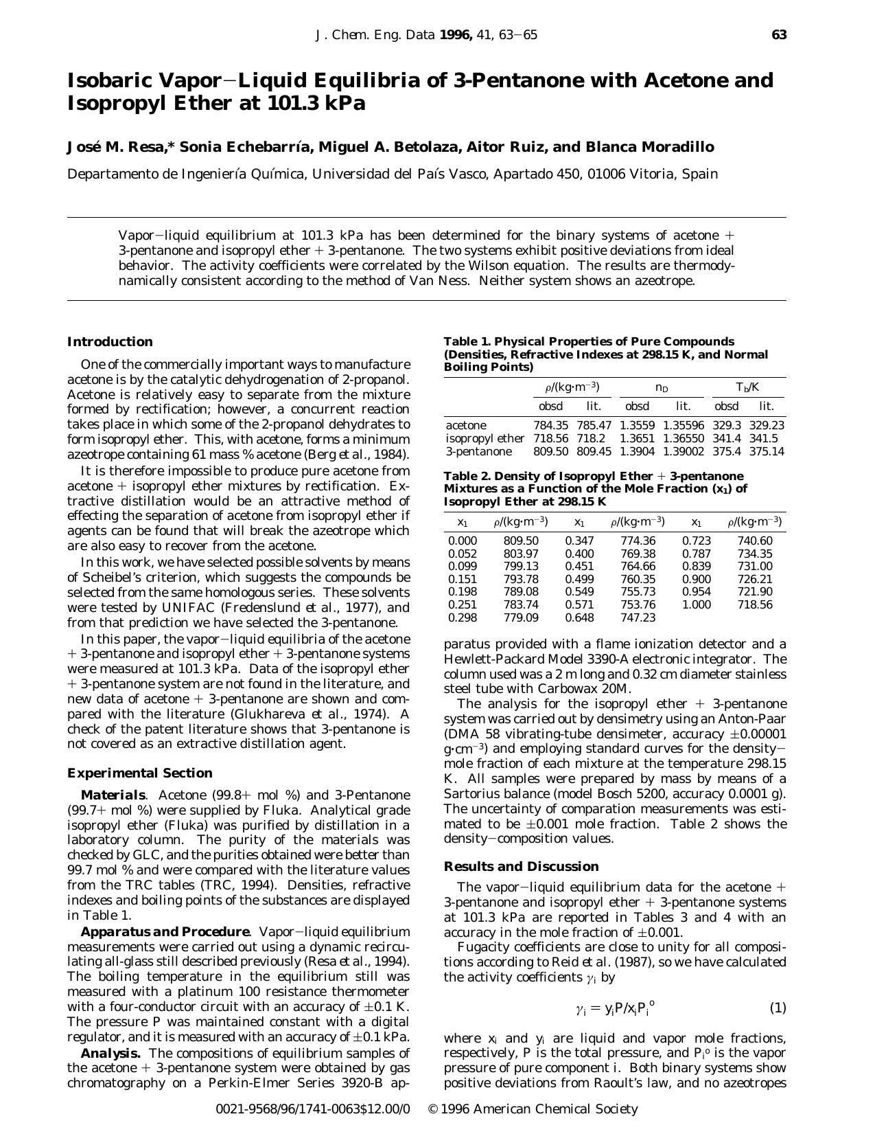 Isobaric VaporLiquid Equilibria of 3-Pentanone with Acetone and Isopropyl Ether at 101.3 kPa by Jose M. Resa * Sonia Echebarria Miguel A. Betolaza Aitor Ruiz and Blanca Moradillo