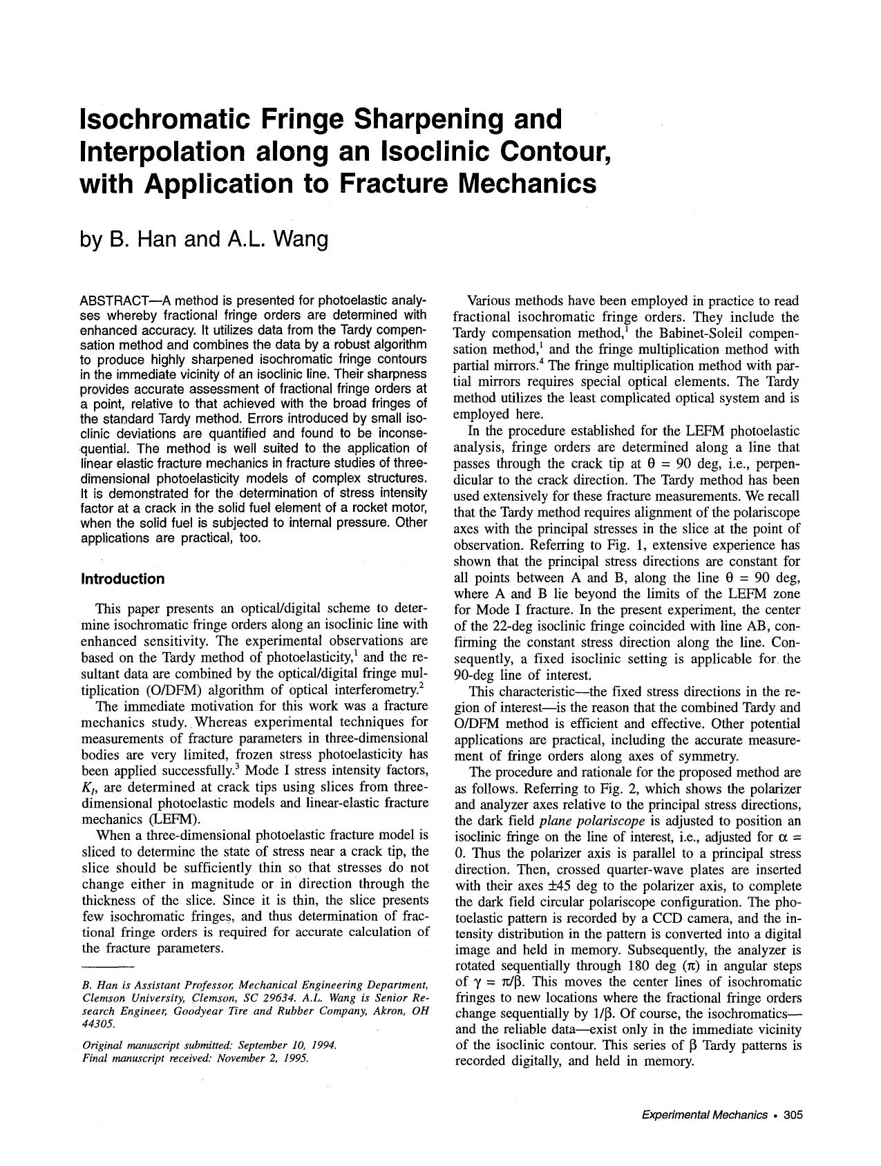 Isochromatic fringe sharpening and interpolation along an isoclinic countour, with application to fracture mechanics by Unknown