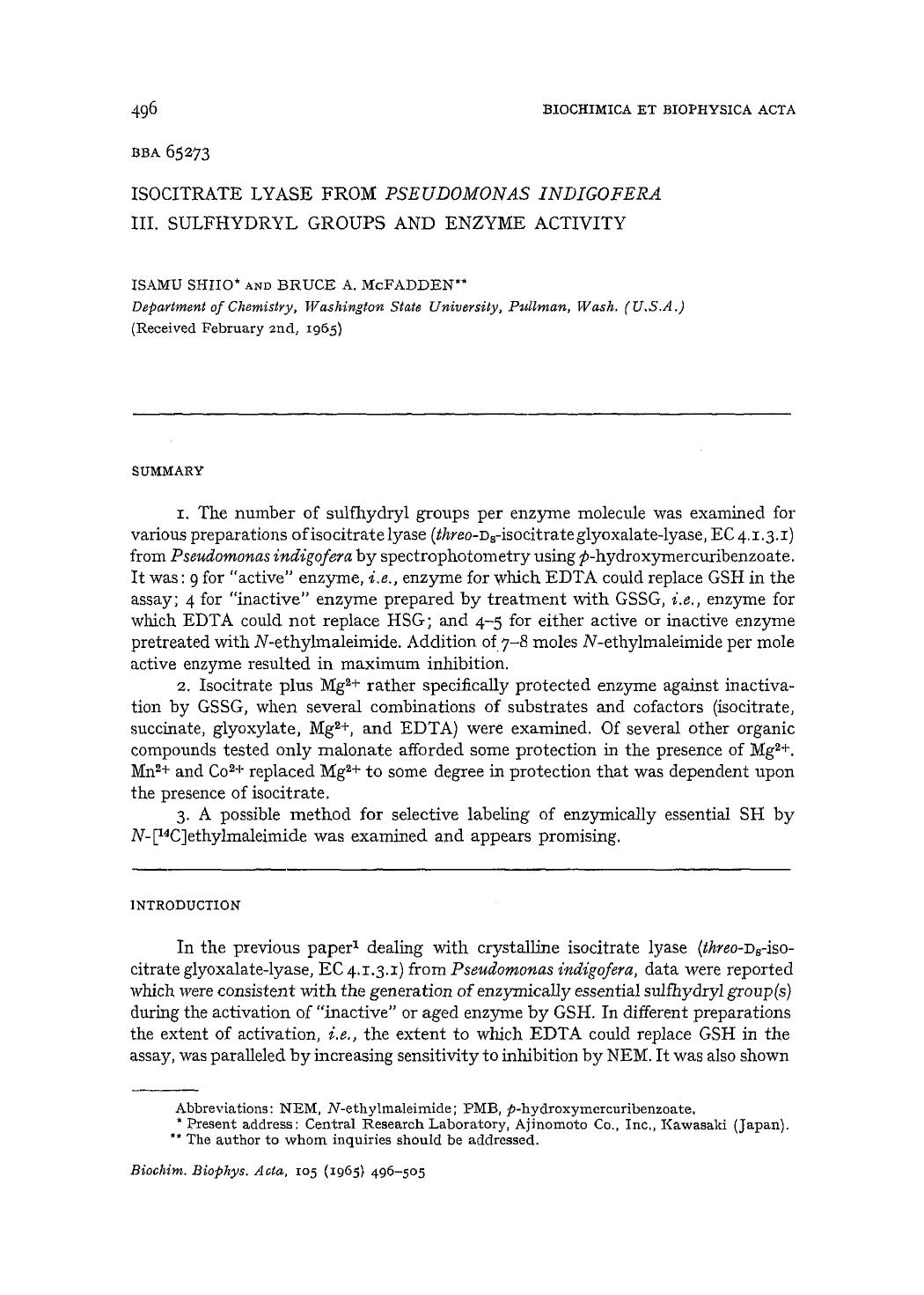 Isocitrate lyase from Pseudomonas indigofera III. Sulfhydryl groups and enzyme activity by Isamu Shiio; Bruce A. McFadden