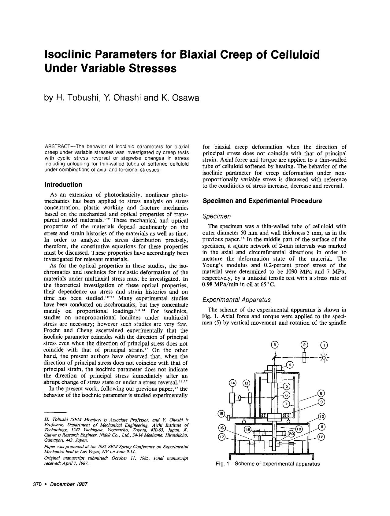 Isoclinic parameters for biaxial creep of celluloid under variable stresses by Unknown
