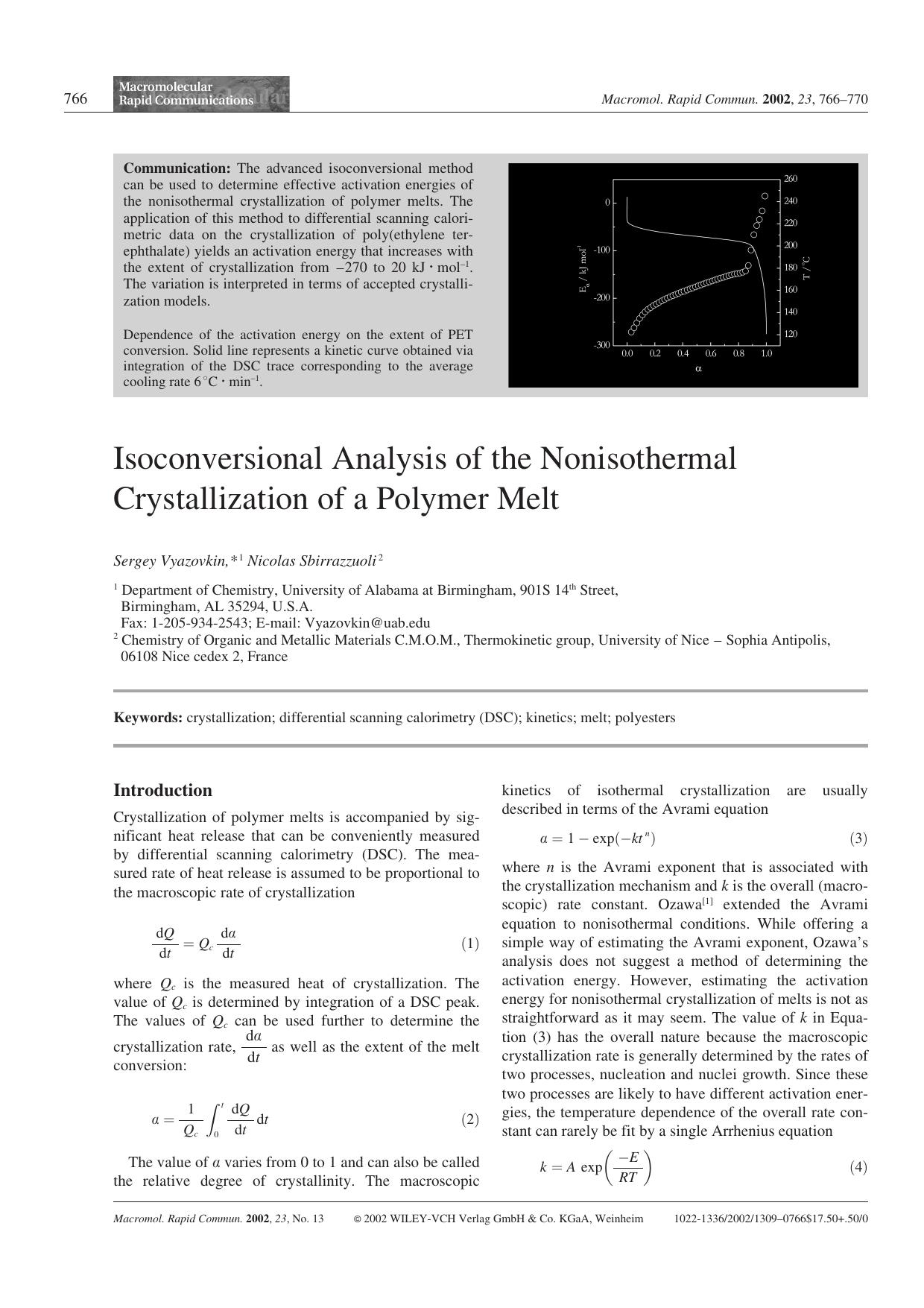 Isoconversional Analysis of the Nonisothermal Crystallization of a Polymer Melt by Unknown