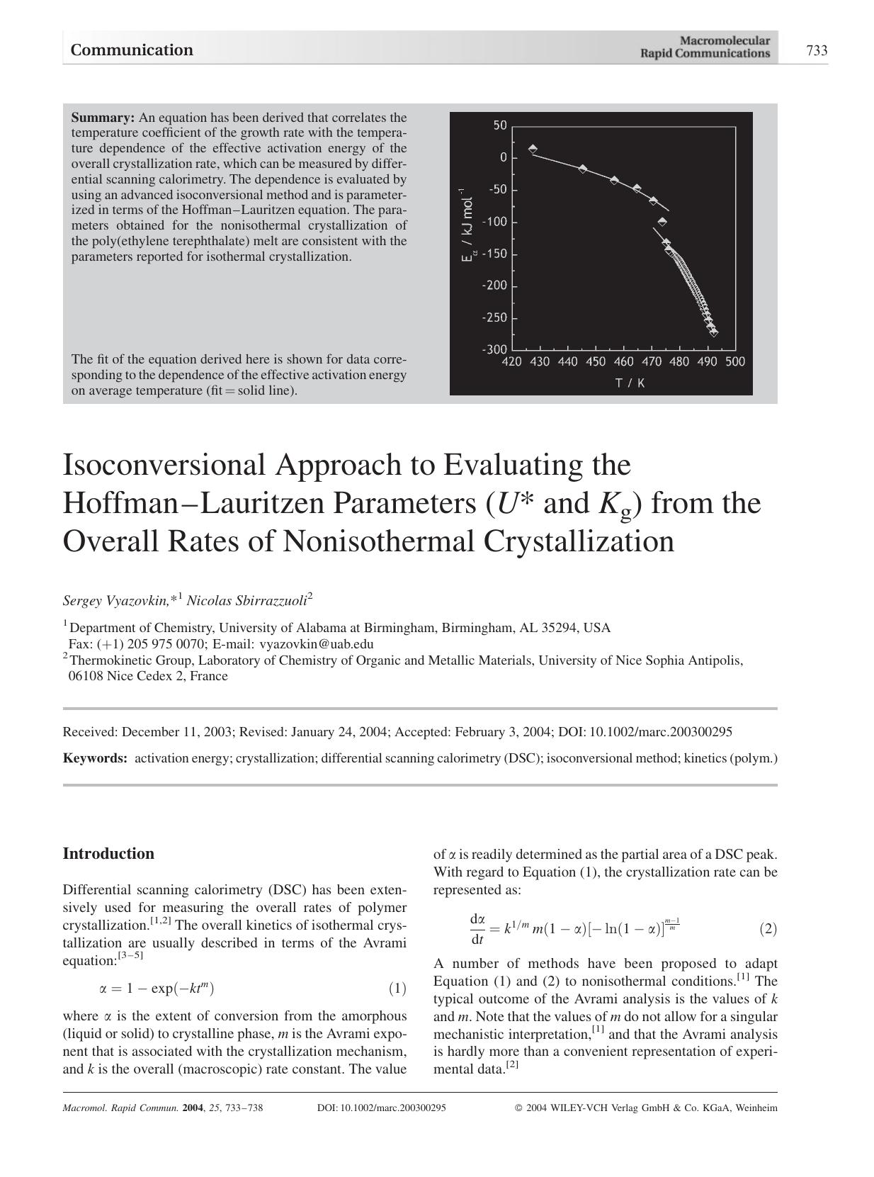 Isoconversional Approach to Evaluating the Hoffman-Lauritzen Parameters (U[ast] and Kg) from the Overall Rates of Nonisothermal Crystallization by Unknown