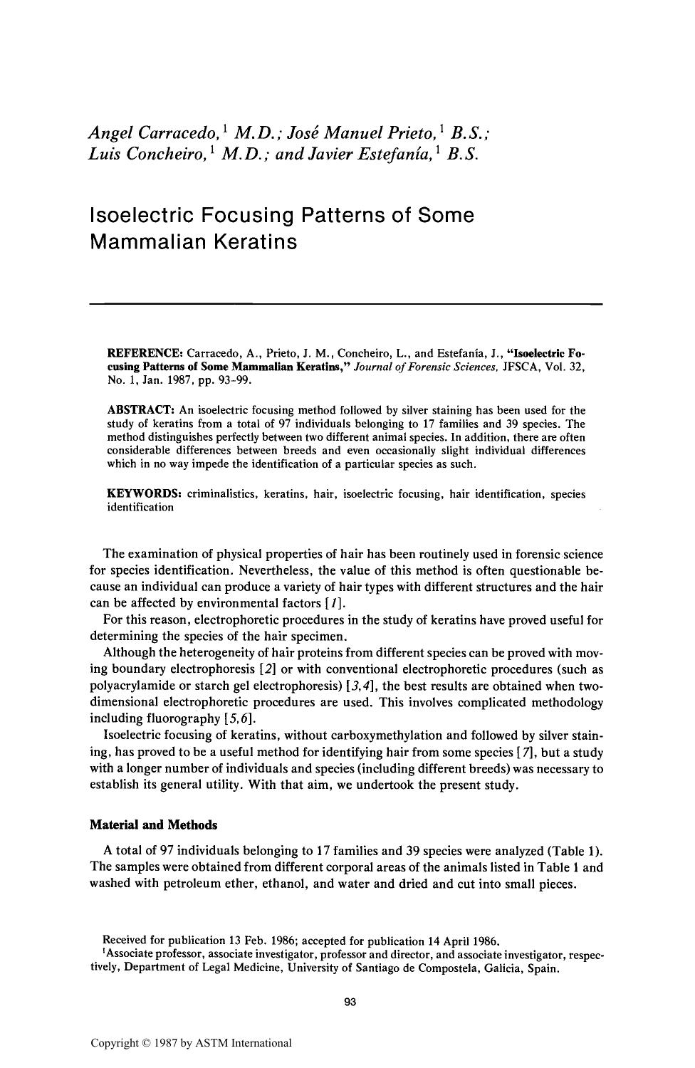 Isoelectric Focusing Patterns of Some Mammalian Keratins by Carracedo A Prieto JM Concheiro L Estefan & iacute;a J