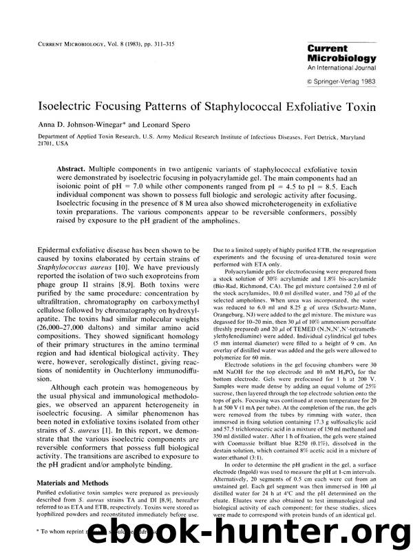 Isoelectric focusing patterns of staphylococcal exfoliative toxin by Unknown