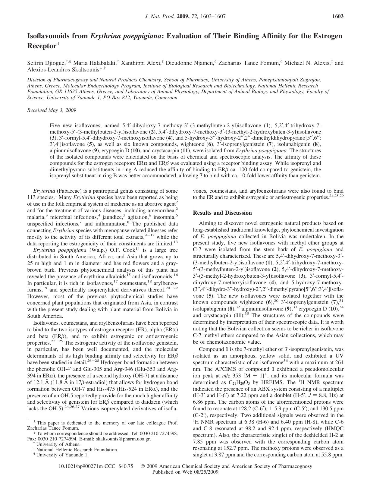 Isoflavonoids from <italic>Erythrina poeppigiana<italic>: Evaluation of Their Binding Affinity for the Estrogen Receptor<xref ref-type="fn" rid="fn1"><sup><sup><xref> by Unknown