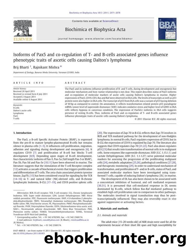 Isoforms of Pax5 and co-regulation of T- and B-cells associated genes influence phenotypic traits of ascetic cells causing Dalton's lymphoma by Brij Bharti & Rajnikant Mishra
