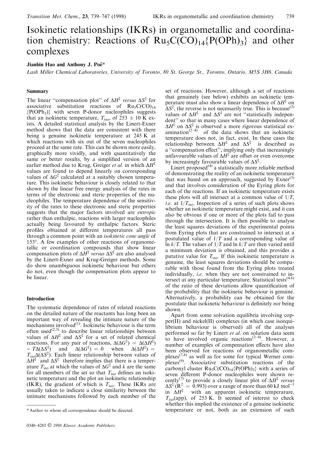 Isokinetic relationships (IKRs) in organometallic and coordination chemistry: Reactions of Ru5C(CO)14{P(OPh)3} and other complexes by Unknown