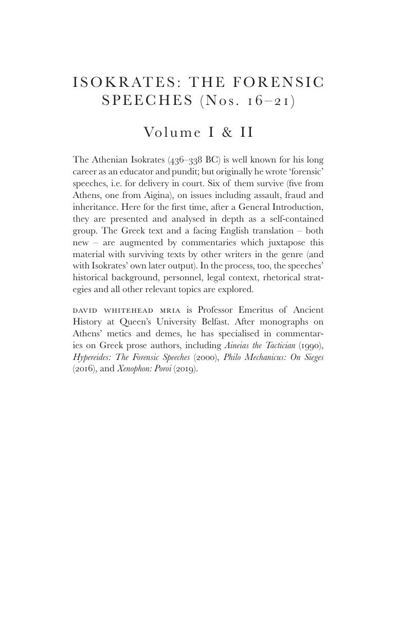 Isokrates: The Forensic Speeches (Nos. 16â21) by David Whitehead
