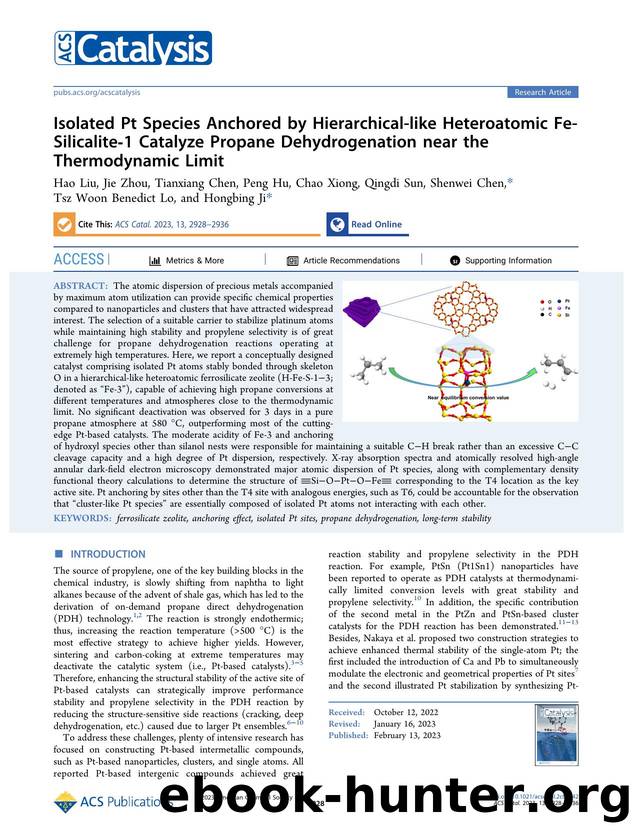 Isolated Pt Species Anchored by Hierarchical-like Heteroatomic Fe-Silicalite-1 Catalyze Propane Dehydrogenation near the Thermodynamic Limit by unknow