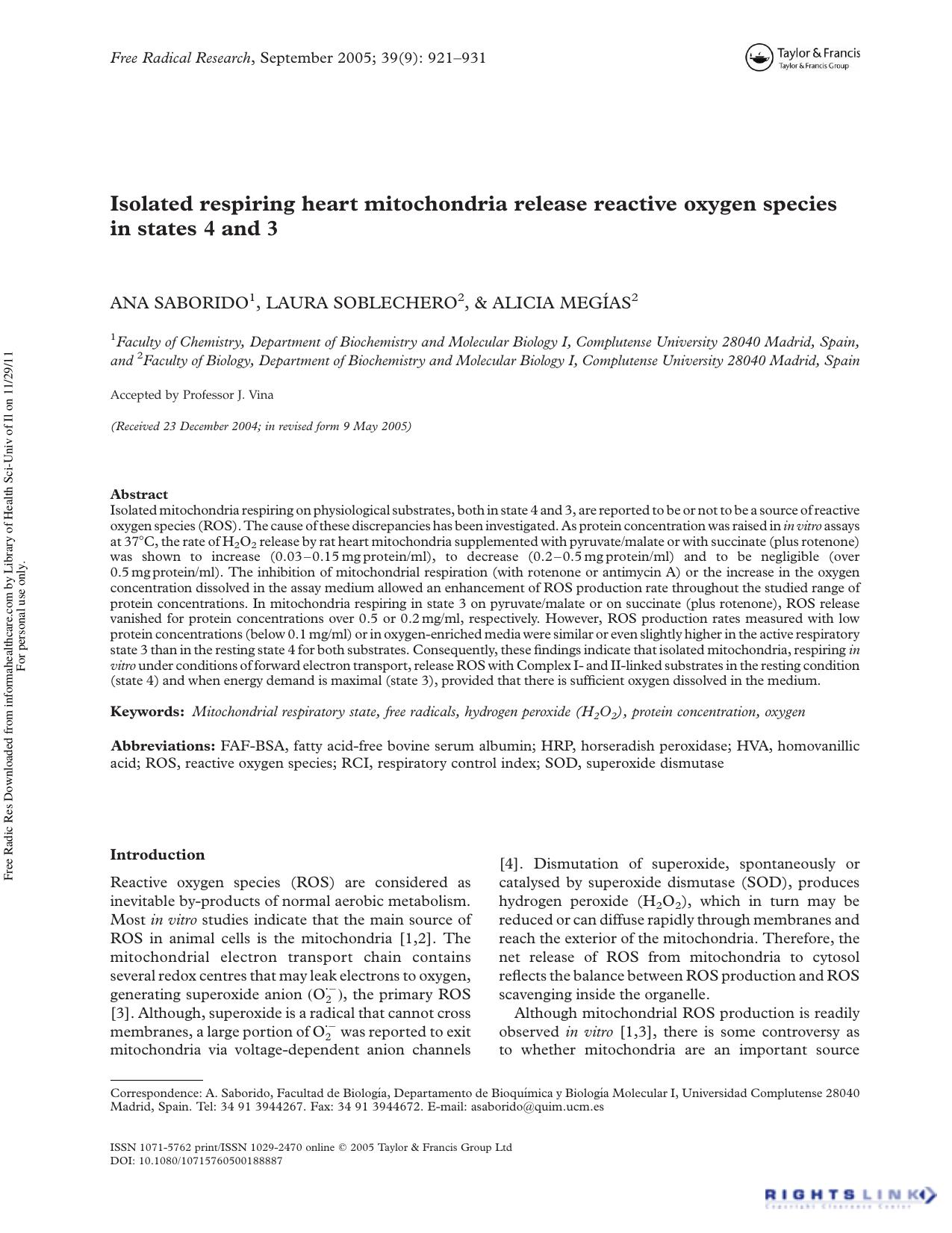 Isolated respiring heart mitochondria release reactive oxygen species in states 4 and 3 by Ana Saborido 1 Laura Soblechero 2 & Alicia Megías 2