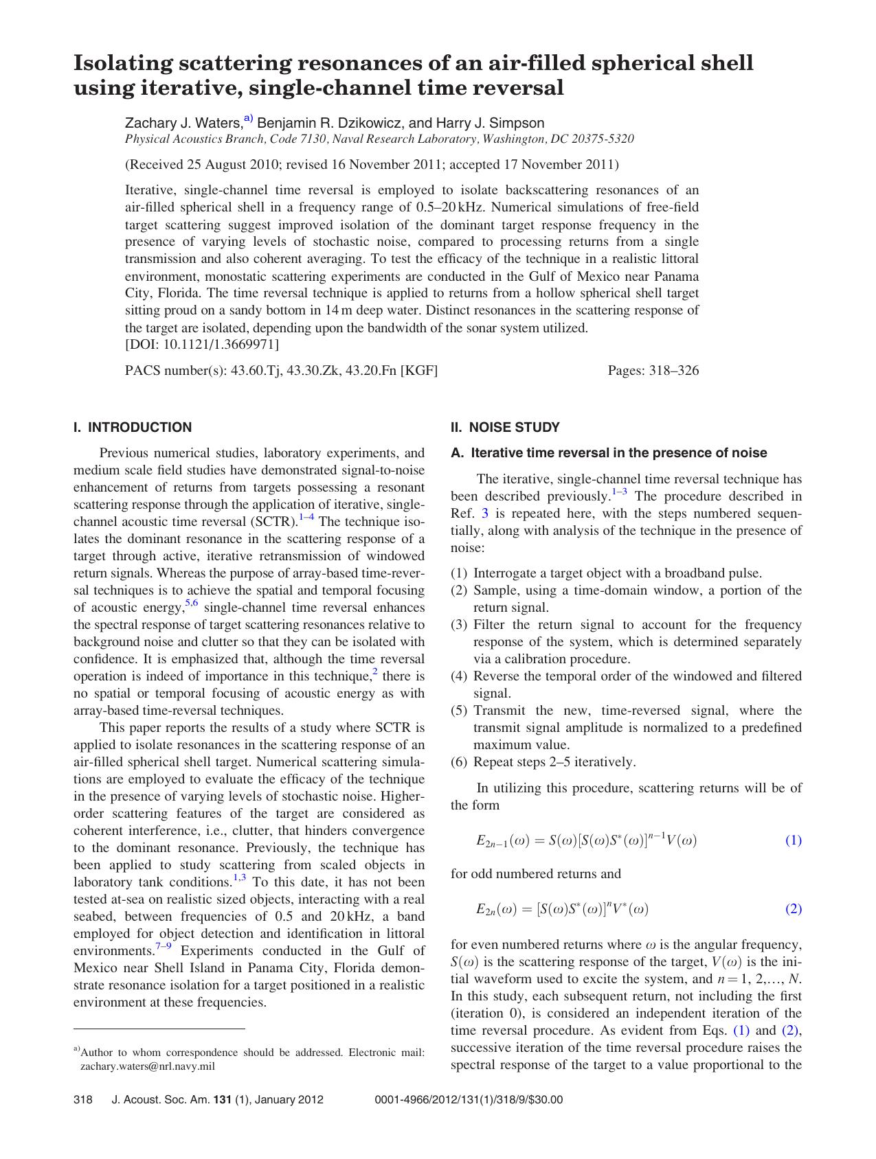 Isolating scattering resonances of an air-filled spherical shell using iterative, single-channel time reversal by Zachary J. Waters Benjamin R. Dzikowicz and Harry J. Simpson
