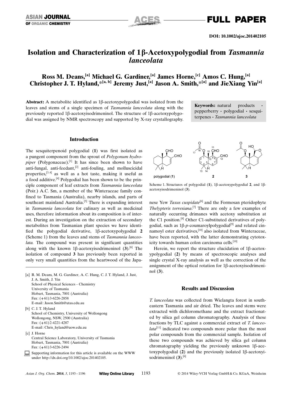 Isolation and Characterization of 1Acetoxypolygodial from Tasmannia lanceolata by Unknown