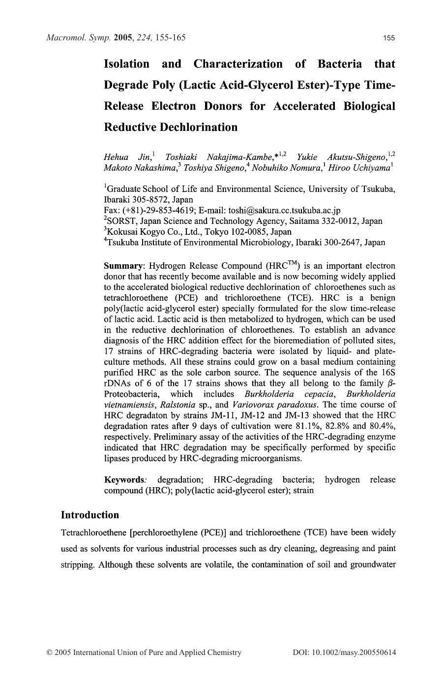 Isolation and Characterization of Bacteria that Degrade Poly (Lactic Acid-Glycerol Ester)-Type Time-Release Electron Donors for Accelerated Biological Reductive Dechlorination by Unknown