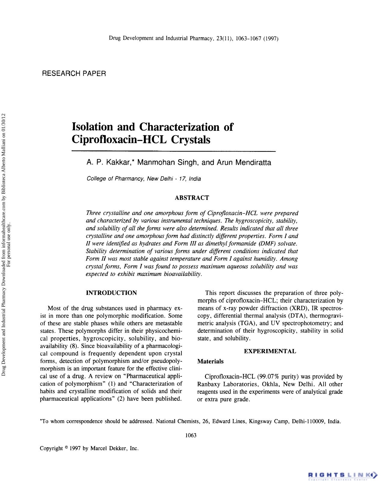 Isolation and Characterization of Ciprofloxacin-HCL Crystals by A. P. Kakkar Manmohan Singh & Arun Mendiratta