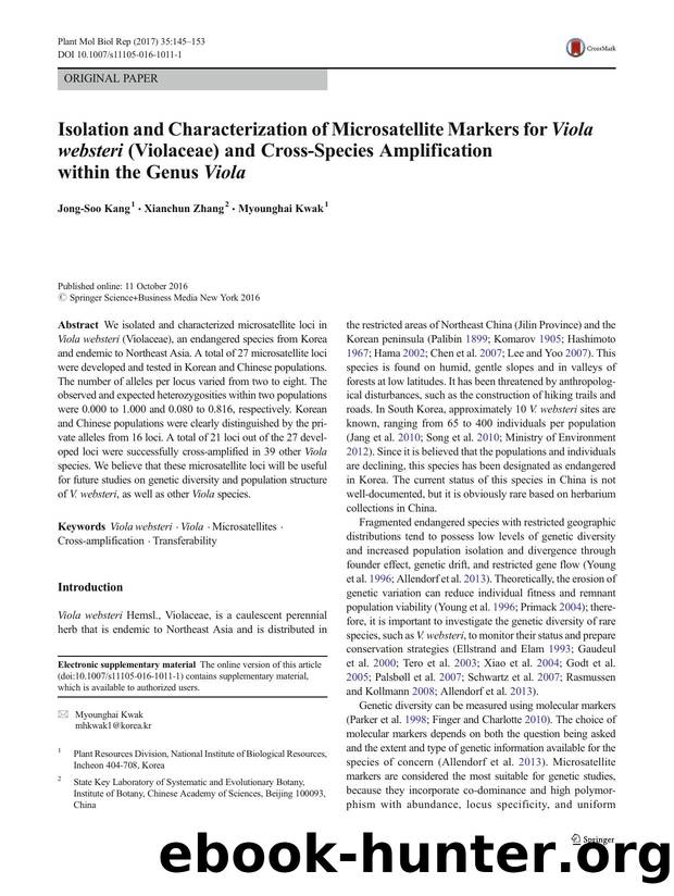 Isolation and Characterization of Microsatellite Markers for Viola websteri (Violaceae) and Cross-Species Amplification within the Genus Viola by Jong-Soo Kang & Xianchun Zhang & Myounghai Kwak