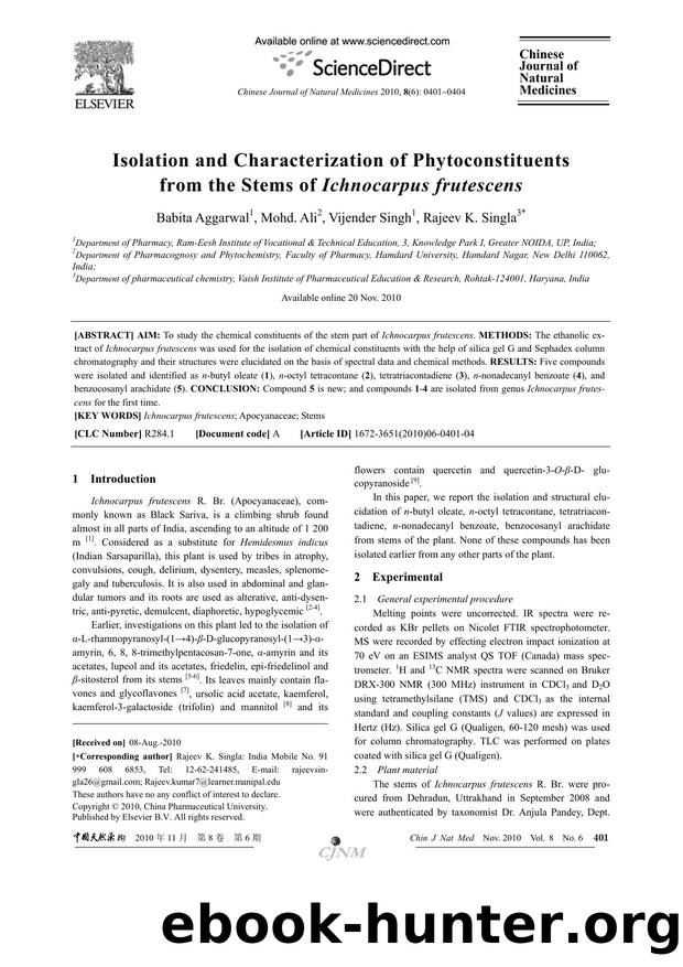 Isolation and Characterization of Phytoconstituents from the Stems of Ichnocarpus frutescens by Babita Aggarwal & Mohd. Ali & Vijender Singh & Rajeev K. Singla
