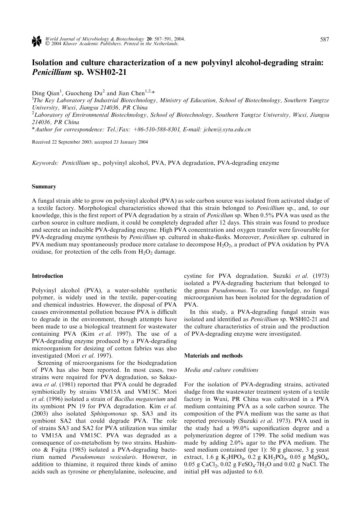 Isolation and Culture Characterization of a New Polyvinyl Alcohol-Degrading Strain: <Emphasis Type="Italic">Penicillium<Emphasis> sp. WSH02-21 by Unknown