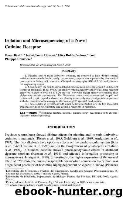Isolation and Microsequencing of a Novel Cotinine Receptor by Unknown