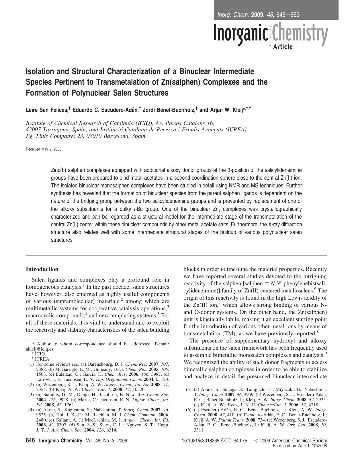 Isolation and Structural Characterization of a Binuclear Intermediate Species Pertinent to Transmetalation of Zn(salphen) Complexes and the Formation of Polynuclear Salen Structures by unknow