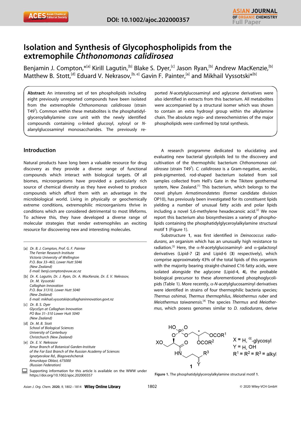 Isolation and Synthesis of Glycophospholipids from the extremophile Chthonomonas calidirosea by Unknown