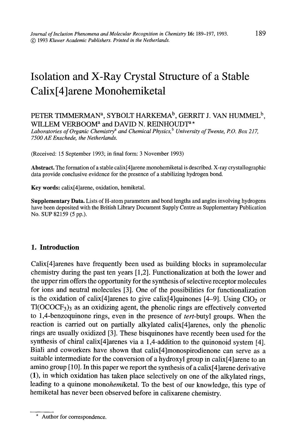 Isolation and X-ray crystal structure of a stable calix[4]arene monohemiketal by Unknown