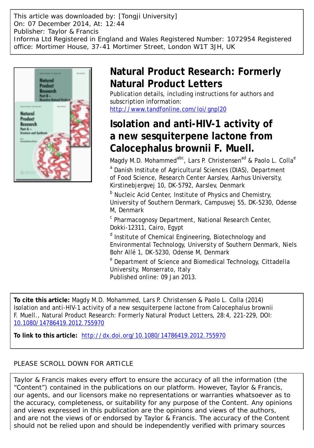 Isolation and anti-HIV-1 activity of a new sesquiterpene lactone from Calocephalus brownii F. Muell. by Magdy M.D. Mohammed