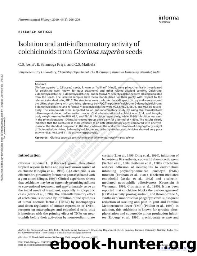 Isolation and anti-inflammatory activity of colchicinoids from Gloriosa superba seeds by C.S. Joshi E. Sanmuga Priya & C.S. Mathela