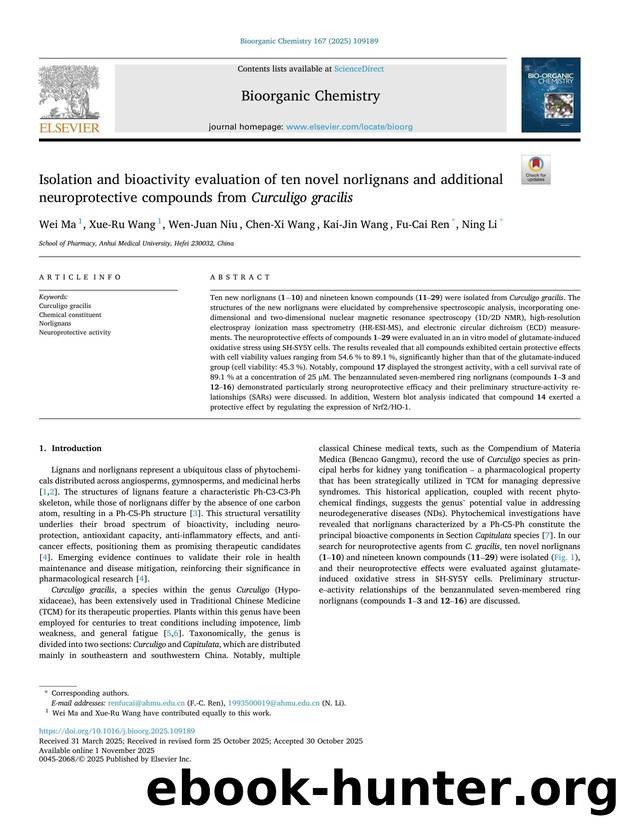 Isolation and bioactivity evaluation of ten novel norlignans and additional neuroprotective compounds from Curculigo gracilis by Wei Ma & Xue-Ru Wang & Wen-Juan Niu & Chen-Xi Wang & Kai-Jin Wang & Fu-Cai Ren & Ning Li