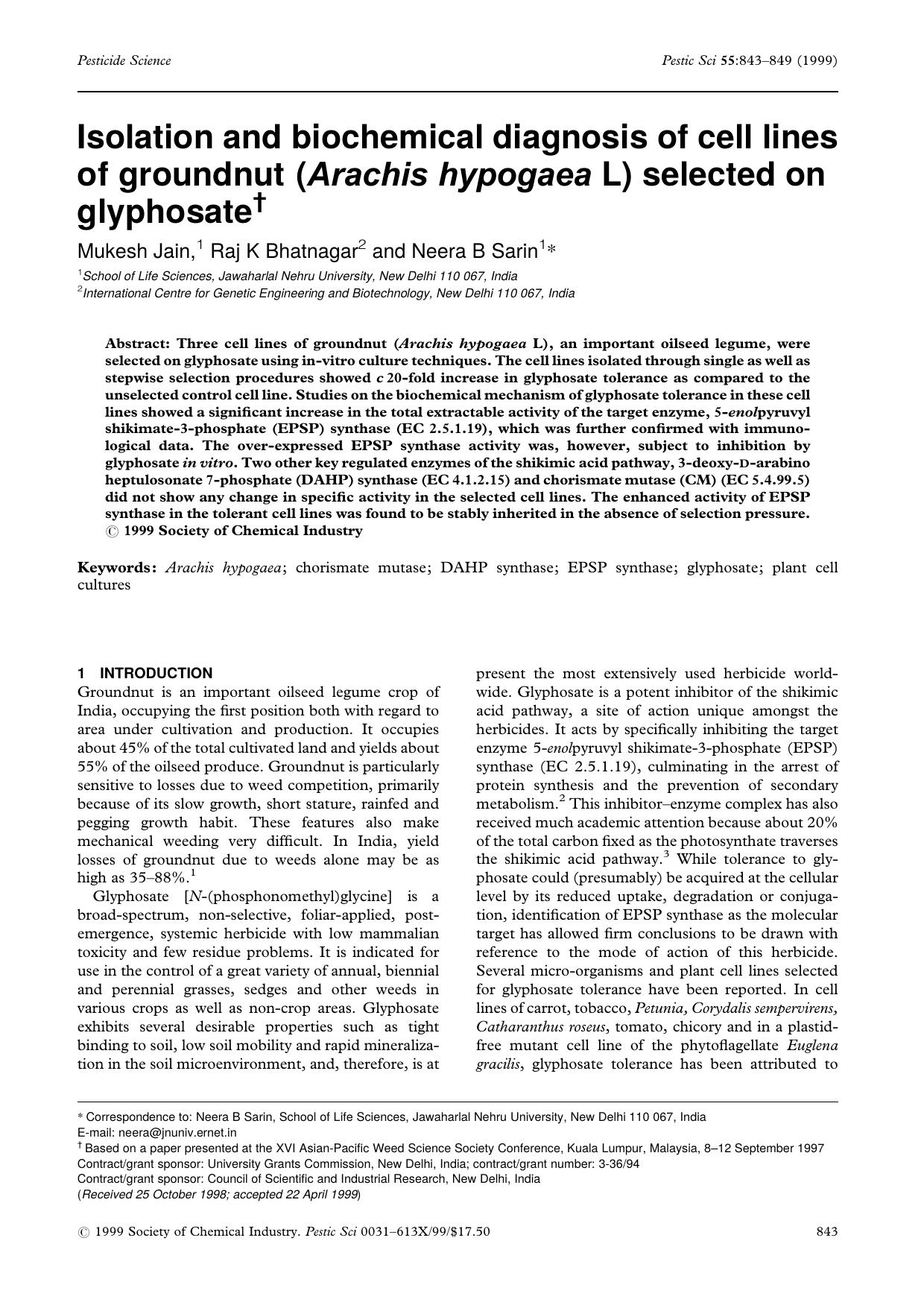 Isolation and biochemical diagnosis of cell lines of groundnut (Arachis hypogaea L) selected on glyphosate by Unknown