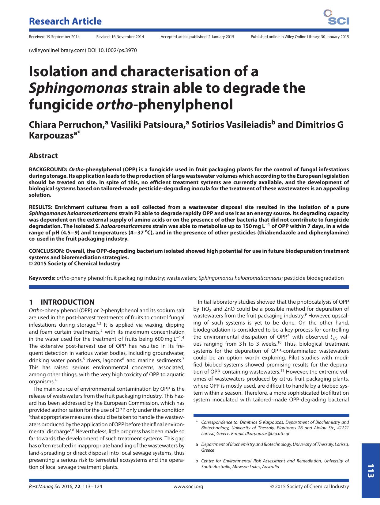 Isolation and characterisation of a Sphingomonas strain able to degrade the fungicide ortho-phenylphenol by Unknown