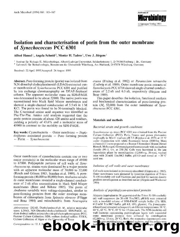 Isolation and characterisation of porin from the outer membrane of <Emphasis Type="Italic">Synechococcus<Emphasis> PCC 6301 by Unknown