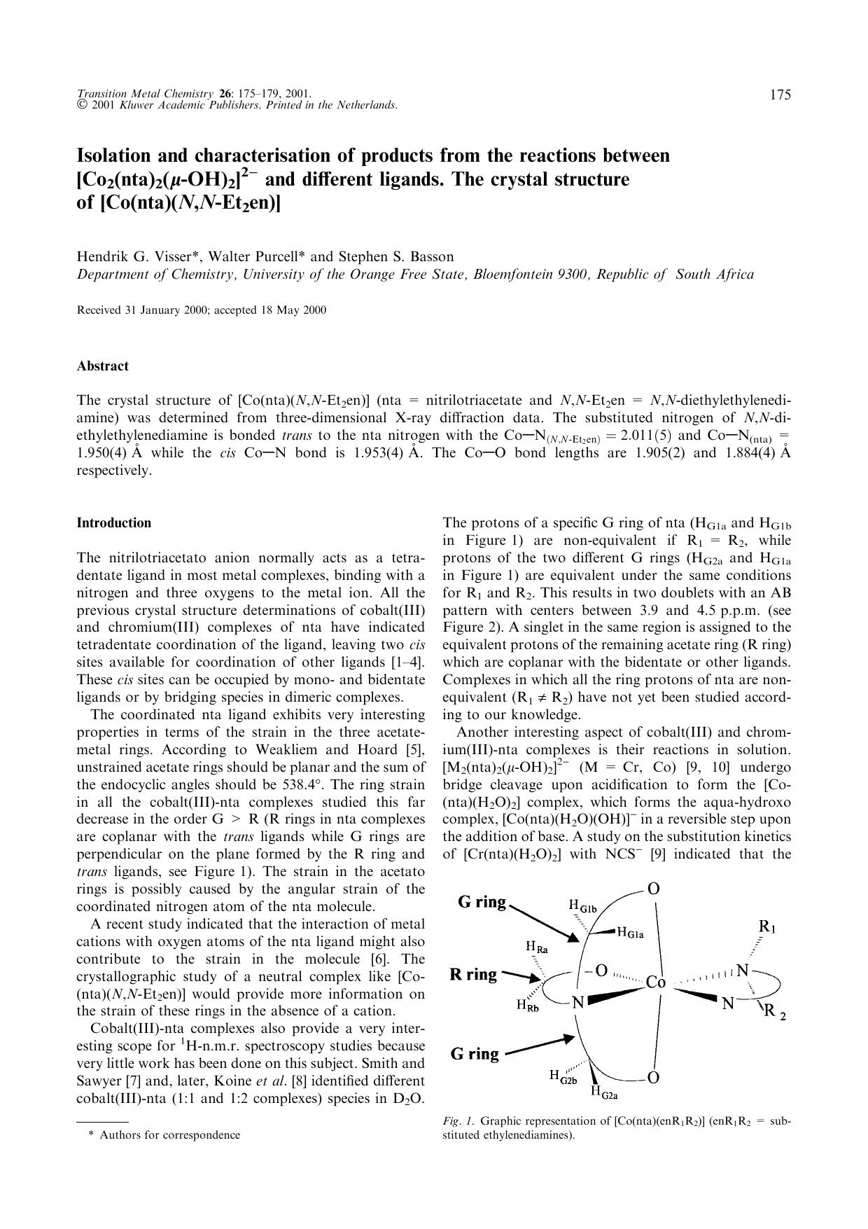 Isolation and characterisation of products from the reactions between [Co2(nta)2(μ-OH)2]2− and different ligands. The crystal structure of [Co(nta)(N,N-Et2en)] by Unknown