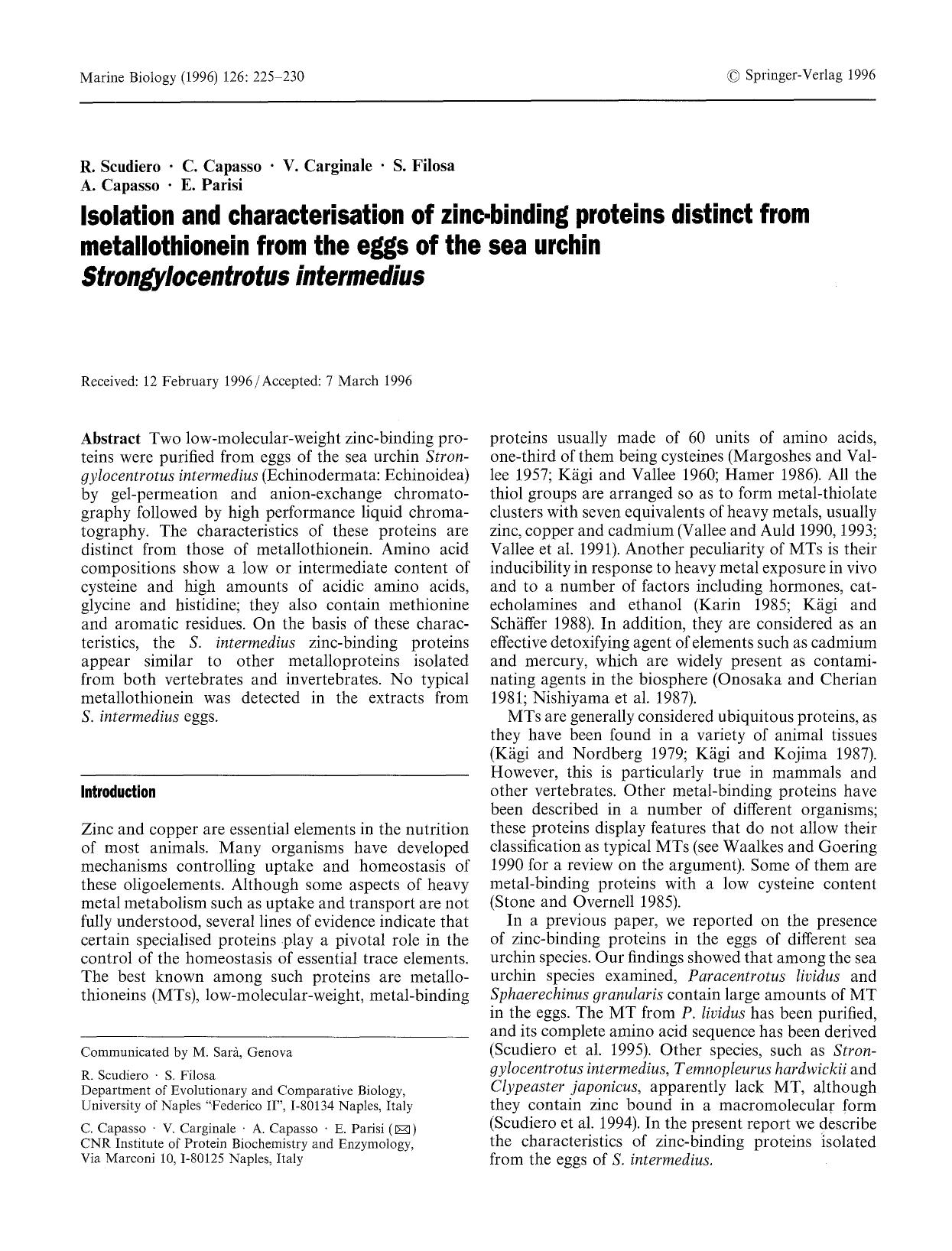 Isolation and characterisation of zinc-binding proteins distinct from metallothionein from the eggs of the sea urchin <Emphasis Type="Italic">Strongylocentrotus intermedius<Emphasis> by Unknown