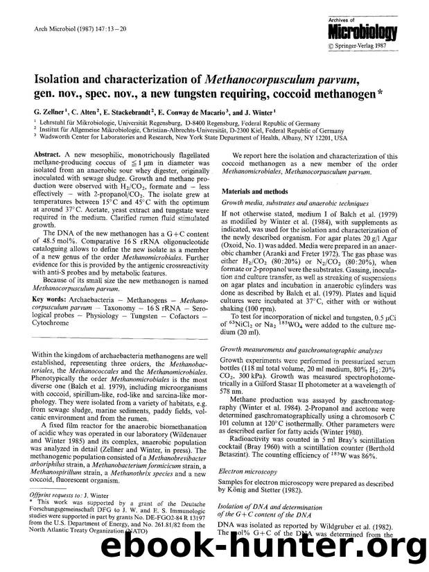 Isolation and characterization of <Emphasis Type="Italic">Methanocorpusculum parvum<Emphasis>, gen. nov., spec. nov., a new tungsten requiring, coccoid methanogen by Unknown