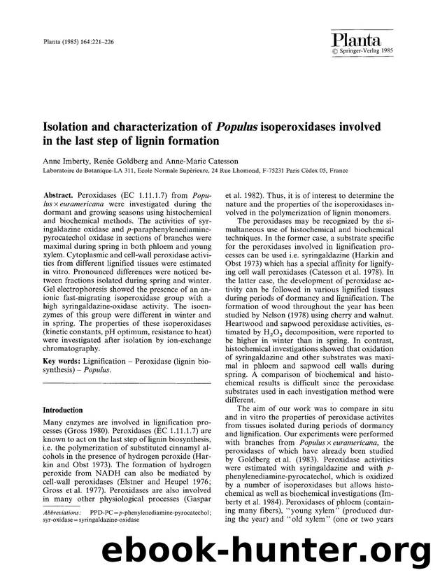 Isolation and characterization of <Emphasis Type="Italic">Populus<Emphasis> isoperoxidases involved in the last step of lignin formation by Unknown