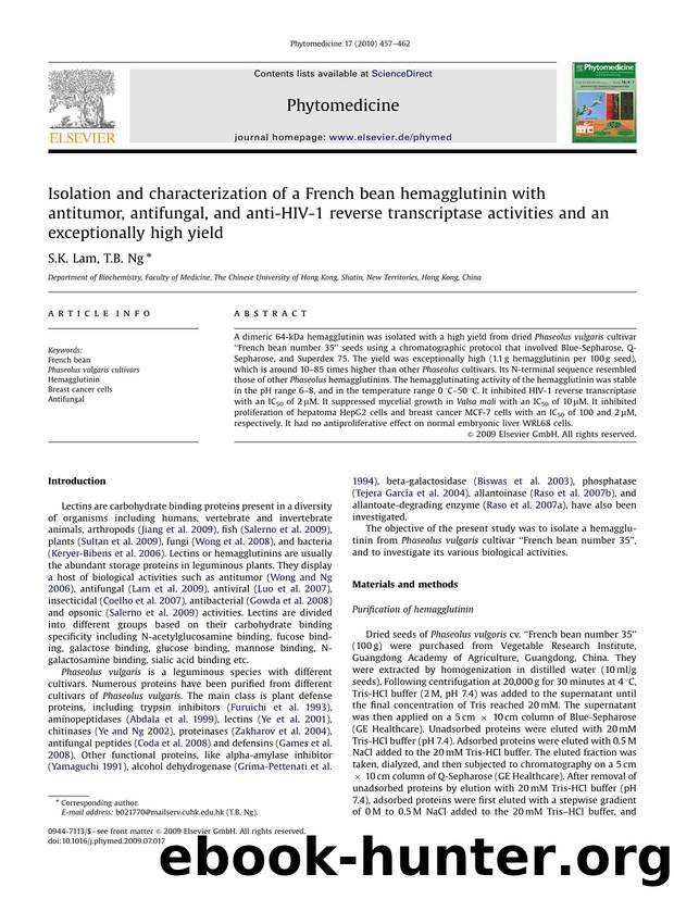 Isolation and characterization of a French bean hemagglutinin with antitumor, antifungal, and anti-HIV-1 reverse transcriptase activities and an exceptionally high yield by S.K. Lam; T.B. Ng