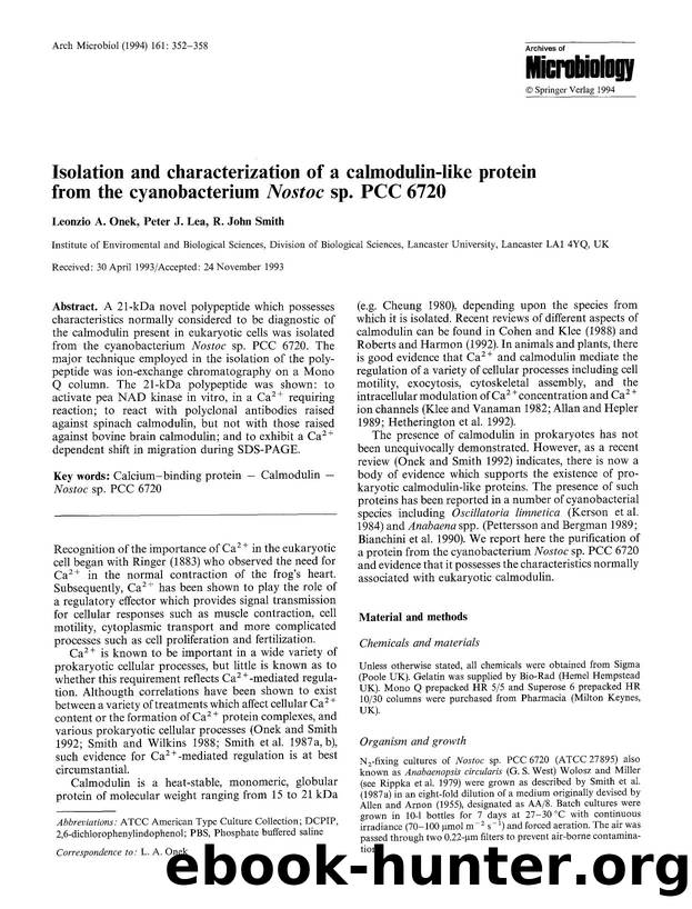 Isolation and characterization of a calmodulin-like protein from the cyanobacterium <Emphasis Type="Italic">Nostoc<Emphasis> sp. PCC 6720 by Unknown