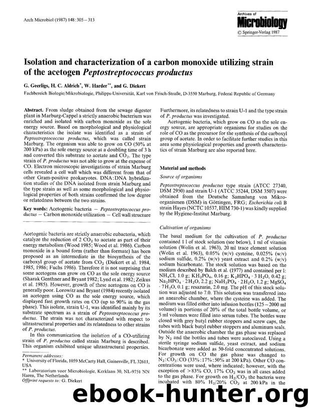 Isolation and characterization of a carbon monoxide utilizing strain of the acetogen <Emphasis Type="Italic">Peptostreptococcus productus<Emphasis> by Unknown
